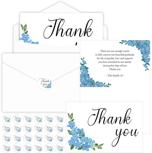 YXSJAS 20 Sets Forget Me Not Funeral Favors Sympathy Thank You Cards with Envelopes Stickers Forget Me Not Bereavement Cards with Message for Memorial Service Loved Ones Celebration of Life
