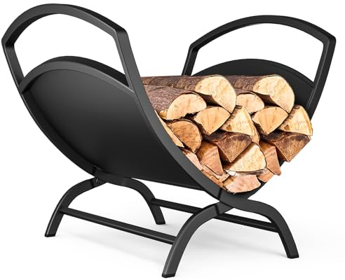 VOUNOT® Kaminholzregal Metall, X-förmiges Brennholzregal mit stabilem Sockel und Griff, Kaminholzständer für Kamin & Ofen, Feuerholzregal Innen und Aussen, 40,5 x 32 x 33 cm, Schwarz