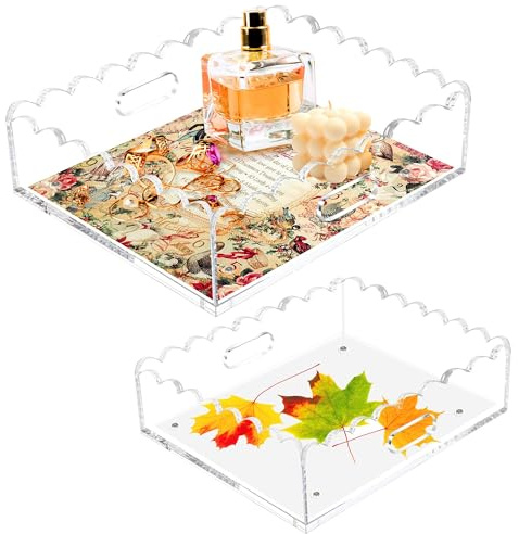Bandeja acrílica festoneada, bandeja acrílica transparente con alfombrilla magnética, 2 bandejas de almacenamiento decorativas portátiles para fotos, flores secas y joyas