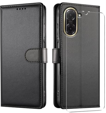 JUNETOP Coque pour Xiaomi Redmi A5 4G avec Verre Trempé, Étui Noir | Housse à Rabat en Cuir PU