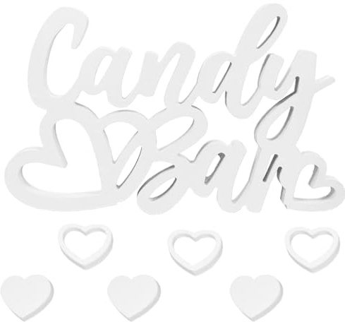 Cadimus Weiß Candy Bar Deko,Dekoschriftzug Candybar,Weiß Candybar Schild,Weiss Herzdekoration aus Holz,Holz Candy Bar Zubehör,Tischdekoration für Hochzeiten, Geburtstage und Candybar Partys