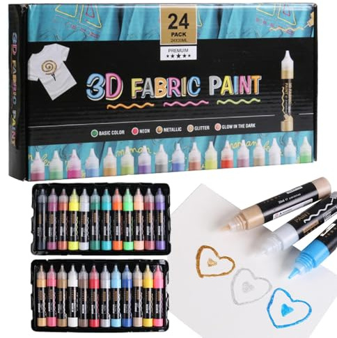Genérico Peinture pour tissu - Peinture permanente avec effet 3D | 30 ml Outil artisanal imperméable 24 couleurs pour adultes décoration sur toile bois chapeau vêtements artisanat verre