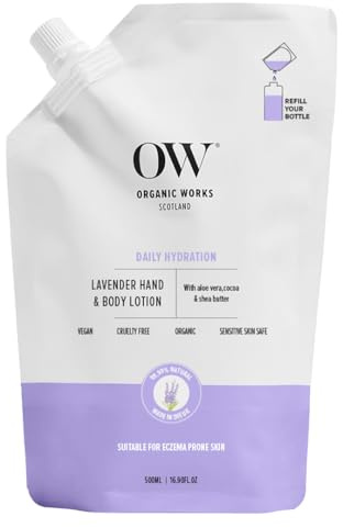 Organic Works Lavender Hand & Body Lotion 500ml–24hr Intense Hydrating Moisturiser for Dry to Extra Dry, Acne,Eczema-Prone Skin– Geranium Oil, Aloe vera & Shea butter,Sensitive Skin Safe