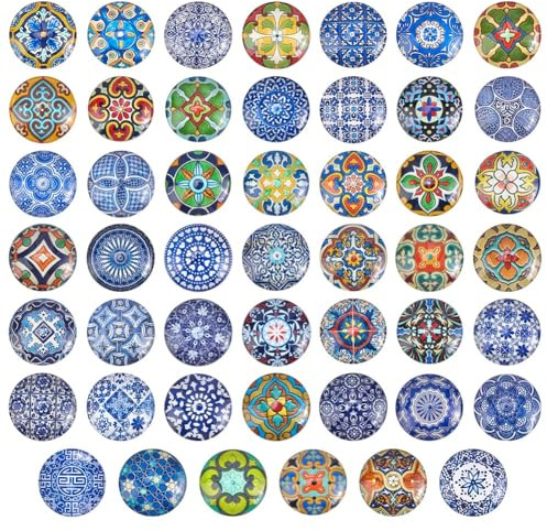 PH PandaHall 48 Styles Round Glass Cabochons 25mm Flower Pattern Mosaic Tiles for Crafts Mosaic Cabochon Flat Back Glass Dome Cabochons for Picture Frames Flowerpots Crafts Earrring Jewellery Making