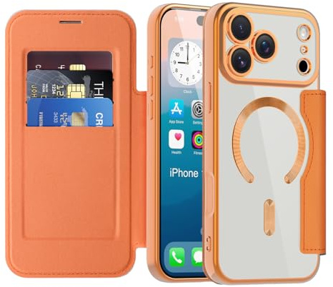 IMIRST Hülle für iPhone 17 Pro Max Handyhülle mit MagSafe Transparente Leder Flip Stoßfest Schutzhülle Klapphülle mit RFID-Sperre Schutzhülle Case für Apple iPhone 17 Pro Max, WD Orange