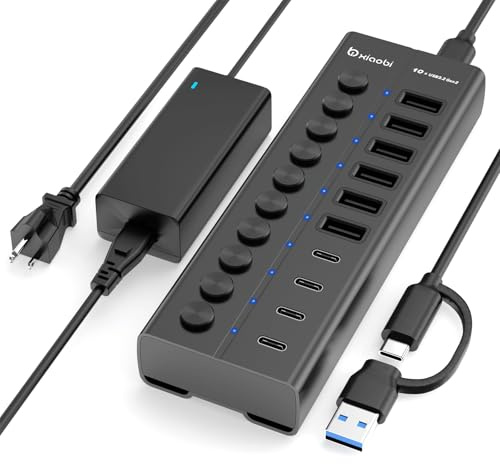 Aktiver USB‑Hub, 10‑Port‑USB‑C‑Hub mit 6×USB‑A 3.2 und 4×USB‑C 3.2 | Einzelschalter und 12V/5A-Netzteil, USB-Verlängerung aus Aluminium für MacBook, Laptop/PC und mehr.