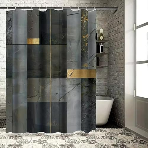 Duschvorhang mit Marmoreffekt, wasserdicht, Badezimmerdekor, goldene Akzente, groß, grau, schwarz, weiß, modernes Design mit Haken 100x210cm/(WxH)