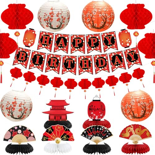 Hibachi-Partydekorationen, HAPPY BIRTHDAY-Banner, Faltfächer, Waben-Tischdekorationen, japanische Laternen mit Kirschblütenmustern, chinesische rote Laternen für Hibachi-Japanische Partydekorationen
