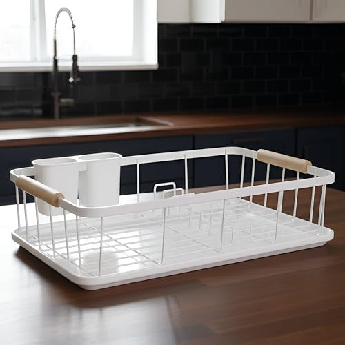Silverfoks Home Dish Drainer Rack- Space-Saving Dish Drainer, Dish Racks for Kitchen Counter, Steel Kitchen Drying Rack with a Cutlery Holder, Drain Board, Large, Black & white (white)