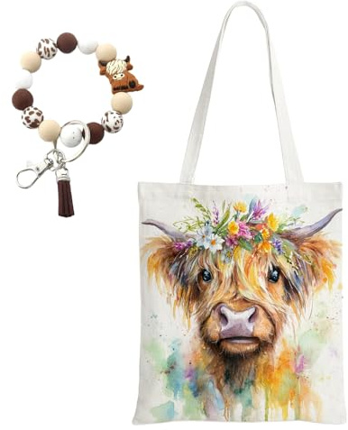 HIVTE Highland Cow Canva-Einkaufstasche mit Schlüsselanhänger - Große Wiederverwendbare Baumwolltasche für Damen, Geburtstags