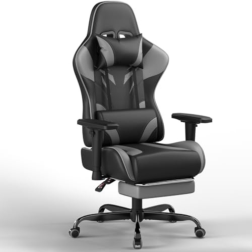 JUMMICO Gaming Stuhl mit 2D verstellbaren Armlehnen, Bürostuhl Ergonomisch mit Fußstütze, Gamer Stuhl Belastbarkeit 150 kg, Grau