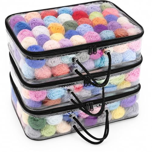 3pcs Clear Yarn Storage Organiser with Handles, Large Dust-Proof Wool Storage Bags with Zips for Knitting & Crochet Accessories, Portable Yarn Bag for Craft Storage & Saving Space