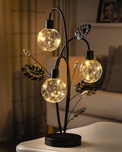 Golden Lily Globe Table Lamp – 45cm Battery Powered Black Art Deco Light with 24 LED Lights in 3 Glowing Orb Spheres & Metal Leaf Accents - Ambient Mood Lighting Plant Flower Leaves Home Decor