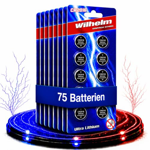 Wilhelm CR2016 Lithium Knopfzellen 3V – 90 mAh, ø20 x 1,6 mm – 75 Stück | Kurzschlusssichere Verpackung in industrieller Großpackung unterstützt eine geordnete Aufbewahrung und Entnahme