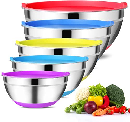 Hossejoy Mixing Bowls with Airtight Lids (Set of 5) Stainless Steel Salad Bowl Set, Non Slip Colorful Silicone Bottom Nesting Storage Bowls, Great for Mixing & Prepping 1.5-2.5-3-5-8 QT