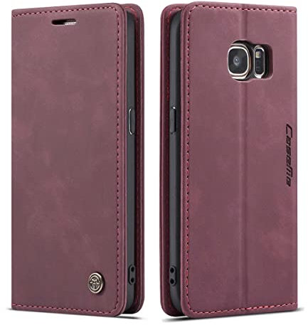 mvced Handyhülle Kompatibel mit Samsung Galaxy S7 Edge,Premium Leder Flip Case Schutzhülle mit Standfunktion,Wein rot