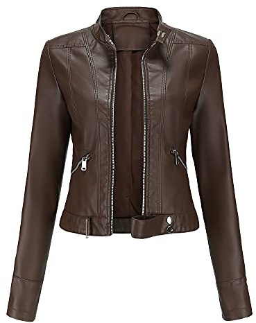 YYNUDA Elegante chaqueta de piel sintética con cremallera para mujer, corta, de poliuretano, para motociclista, abrigo ajustado, café, S