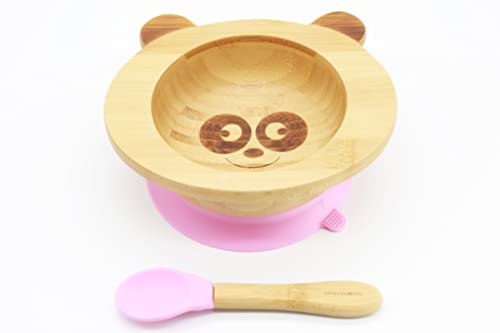 Suction Bowls for Baby- Bamboo Bowls Baby- Kids Bowls and spoon set- Bamboo baby bowls set- Suction Baby Bowl- Baby BPA Free Bowls- Toddler Bowls Suction- LED Weaning Silicone Baby Spoons- Pink