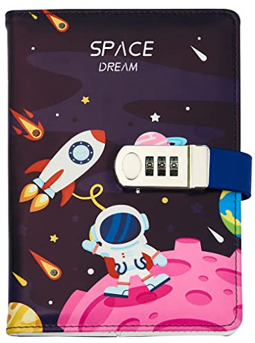 NectaRoy A5 Lockable Diary Travel Journal, PU Leather Space Astronaut Pattern Password Notebook Sketchbook, Office School Supplies Student Stationery Birthday Gift, Pen Holder&Card Slots, 215x145mm