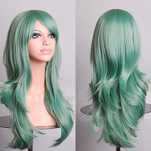 YEESHEDO Minzgrün Cosplay Perücke für Frauen Langes Gewelltes Haar Synthetische Perücken mit Pony für Halloween Party Kostüm Anime 28 Zoll 70 cm