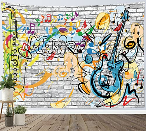 LB Musik Wandteppich Gitarren Graffiti Wandtuch Grau Backsteinmauer Wandbehang 80er Tapisserie für Wohnzimmer Schlafzimmer Wohnheim Wanddeko,200x150cm