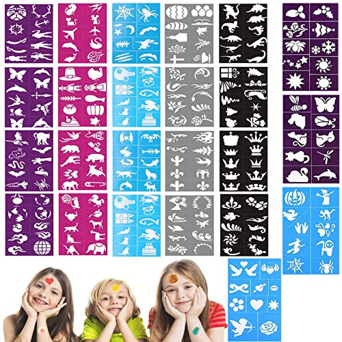 IWTBNOA 24 Blatt Tattoos Schablonen für Kinder, Schablonen für Gesicht und Körper, Glitzer Tattoo Schablonen Set Mädchen, Schminkschablonen, Halloween Temporäre Tattoo für Weihnachten Karneval Party