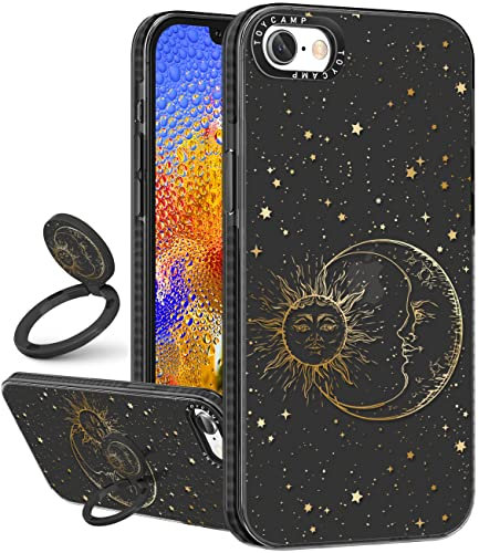 Toycamp for iPhone 6/6S/7/8/SE(2020/2022) Case, Sun Moon Stars Design for Women Mens Girls Boys Teens Cool Fantasy Glitter Print Case with Ring Kickstand Cover for iPhone 6/6S/7/8/SE, 4.7 inch, Black