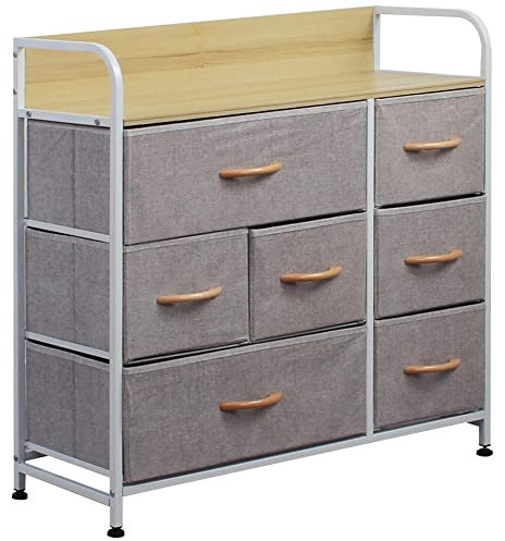 BAKAJI Kommode mit 7 Schubladen Wildleder Stoffschrank Sideboard Vintage Highboard Metall Mehrzweckschrank Schränke Organizer TV Schrank Klein, Küche Schlafzimmer Büro Wohnzimmer Grau + Stahl