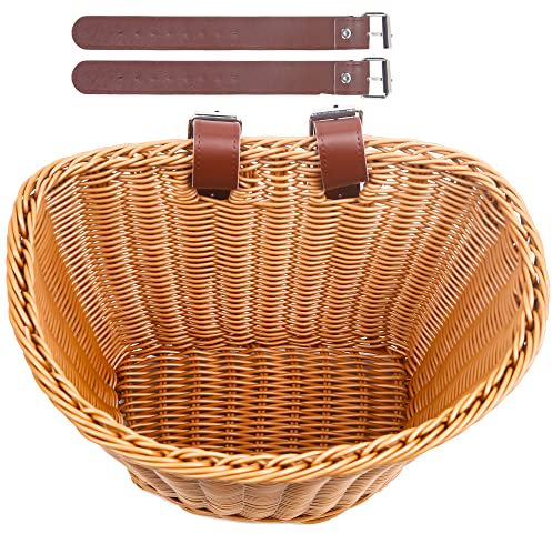 Woven Plastic Bike Baskets- Front D-Shaped Bike Bicycle Basket | Handlebar Storage Container with 2 Adjustable Leather Straps (Brown&Adults)