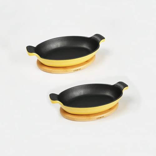 HAWOK Enameled Cast Iron Oval Serving Dish with Magnetic Bamboo Trivet, Oval Server with Handles, Cast Iron Oval Casserole Dish, Oval Baking Dish, Set of 2, Yellow