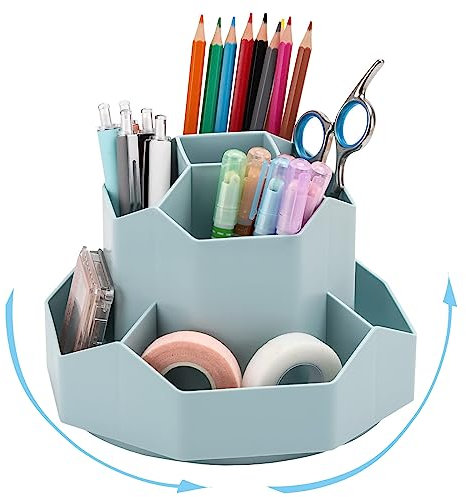 SAMSYOKI Drehbarer Stiftehalter, 360 Drehbarer Schreibtisch Organizer, Rotation Stifthalter mit 9 Fächer, Stiftköcher Aufbewahrungsbox für Stifte Bürobedarf Schulbedarf Make-up Pinsel (Blau)