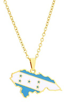 JEDTAKCT Honduras-Karte Mit Flaggen-Anhänger-Halskette – Tropfen-Öl-Welt, Ethnischer Stil, Schlüsselbeinkette, Unisex, Patriotischer Charm-Schmuck, Pullover-Kette Für Paare, Geometrie-Halskette, Gelb