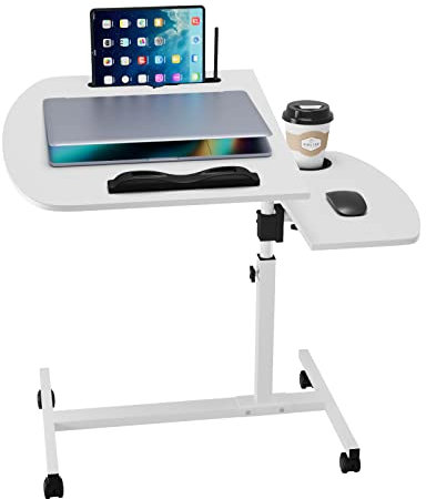 Rcynview Scrivania per computer regolabile altezza, tavolino ausiliario con ruote, scrivania sollevabile flip 180° e tavolo rotante a 360°, slot per tazza, supporto di lettura, tavolo portatile divano