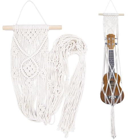 Majowir Makramee-Ukulelen-Aufhänger, Ukulelen-Wandhalterung, Ständer für Sopran-Ukulele, niedlicher Makramee-Ukulelenständer, Wanddekoration