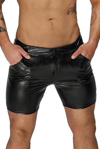 .Noir Handmade Men Herren Wetlook Shorts mit Schlangen-Look, vorderen Reißverschluss und Knopf elastisch