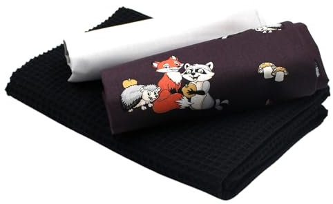 VmG-Store Waffelpique + Baumwollstoff Set farblich abgestimmt Waffel Stoff 100% Baumwollstoff Tex Standard 100 (Waschbär Fuchs Igel Set39)