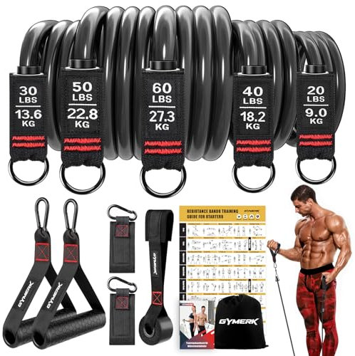 GYMERK Resistance Bands Set, Expander Fitness Mit Gummigriffe, Trainingsplakat, Knöchelriemen, Türanker, Tragtasche, 5er Verschiedene Widerstandsstufen Ideal für Krafttraining