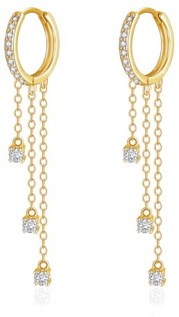 Kamise Damen Creolen Hängend, 925 Sterling Silber Ohrhänger Mit Zirkonia, Hypoallergen Mit Drei Quastenketten, Gold Kreolen, Hängeohrringe für Frauen Mädchen Mutter