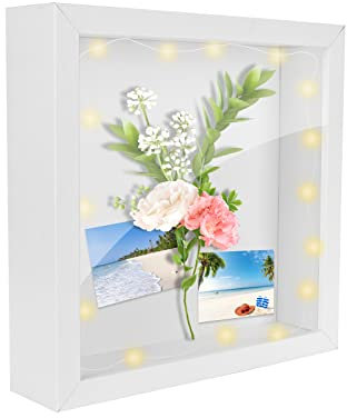 SPORWAY Marco de fotos 3D para rellenar, 20 x 20 cm, profundidad de 3 cm, con cristal acrílico irrompible, marco de fotos para dibujos infantiles con 1 gancho y cadena de luces de 3 m para decoración