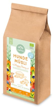 naftie Bio Hundemüsli Happy Berry mit Obst & Gemüse Flocken - 1kg | Dinkelflocken, Kokosflocken, Beerenobst & Gemüse, vegan, Barf-Flocken