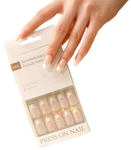 Faux Ongles French Manucure, ZAHRVIA 30 Pièces Français Press on Nails Ballerine Ongles à Coller, Acrylique Bâton sur Les Ongles avec Autocollants Adhesif Square Faux Ongles pour Femmes et Filles