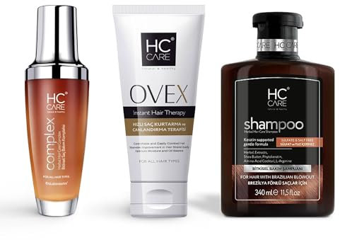 HC Care Shampoo, HC Care Ovex e HC complex 100% erbe per la cura dei capelli | 340 ml shampoo + 100 ml lozione per la cura dei capelli + 200 ml Hc Ovex (asciugacapelli brasiliano)