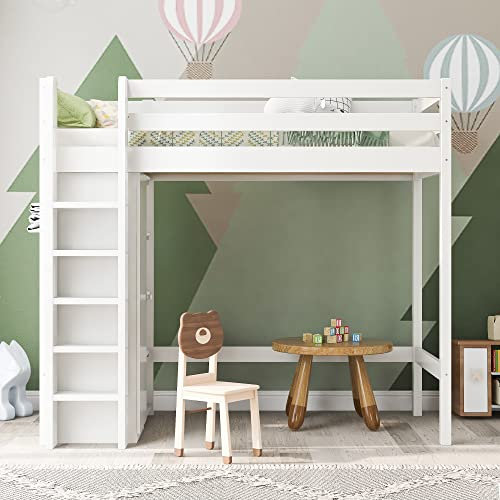 Merax Kinderbett Hochbett mit Kleiderschrank und 6 Regalen Einzelbett Liegefläche 90x200cm Weiß