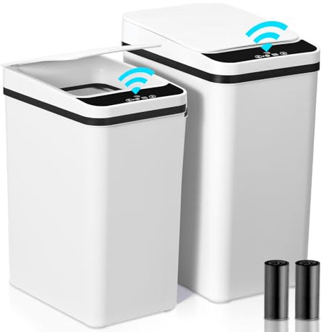 DARIS Trash Can, White 2Pcs Set,2 Rolls of Trash Bags, Waterproof Motion Sensor Trash Can with Lid, Ultra-Thin Plastic Narrow, Suitable for Bedroom,Bathroom, Office