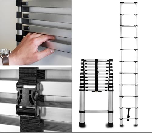 Drabest - Leiter - Teleskopleiter - Leiter Ausziehbar - Klappleiter, Aluleiter - Mehrzweckleiter - Multifunktionsleiter, Ausziehleiter - Aluminium Leiter, Klappbar - 11 Stufen - Höhe 3,2m