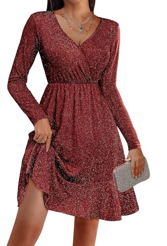 Zeagoo Damen Kleider Langarm Glitzerkleid Elegant V-Ausschnitt Sparkly Kleid Einfarbig Knielang Partykleid Sexy Cocktailkleid Abendkleid Rotwein S