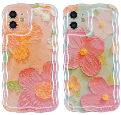ZhuoFan 2 Packs Coque pour iPhone 11 6,1'', Coloré Vintage Aesthetic Fleur Rose Bleu Housse de Protection Floral Motif Peinture Dessin Silicone TPU Antichoc Jolies Filles et Femmes pour Étui, 07