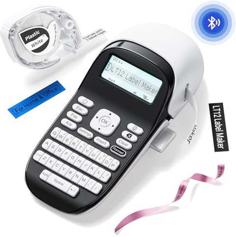 Phomemo LT12 Label Maker Machine with Tape, Bluetooth Portable Labeller with QWERTY Keyboard Rechargeable Label Printer LCD Screen for Home, Office, Organization(1 label tapes included) White