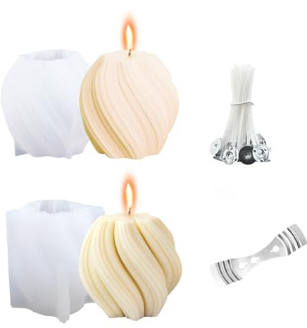 2Pcs Spiral Round Ball Candle Mould, Geometric Pillar Candle Mould, Irregular Wave Twisted Candle Mold, Swirl Ball Silicone Mold with Candles Wick, Candles Moulds Silicone for Home Crafts Soap Wax