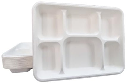 Ecokanta Lot de 25 assiettes jetables à 6 compartiments – Respectueux de l'environnement, biodégradables, robustes – Parfait pour les aliments chauds et froids, les dîners scolaires, les repas